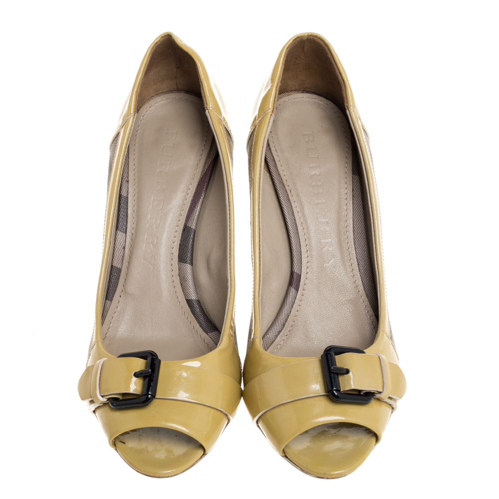 Burberry Yellow/Beige Check PVC And Patent Leather Buckle Peep Toe Pumps Size 38