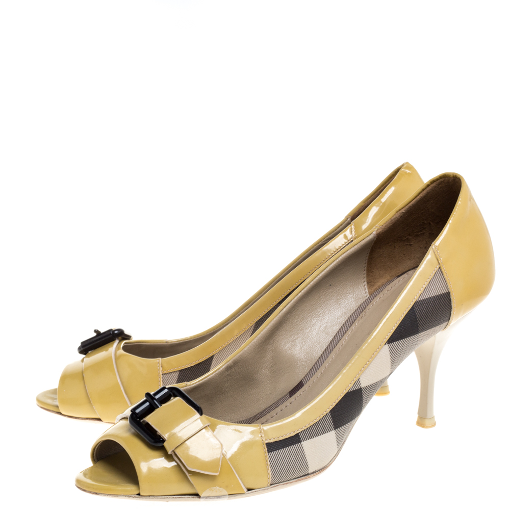 Burberry Yellow/Beige Check PVC And Patent Leather Buckle Peep Toe Pumps Size 38
