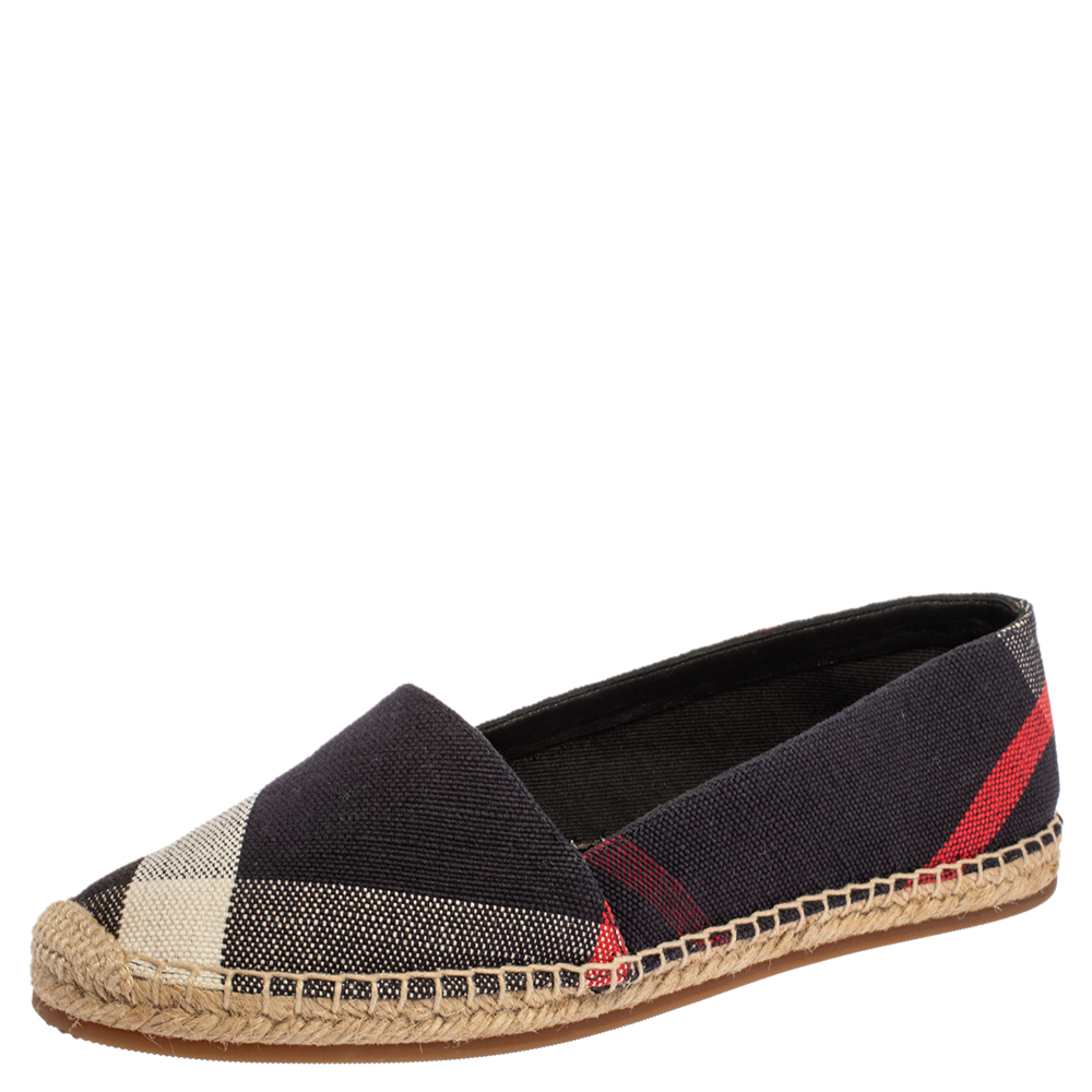 Image of Burberry Navy Blue Nova Check Canvas Espadrilles Size