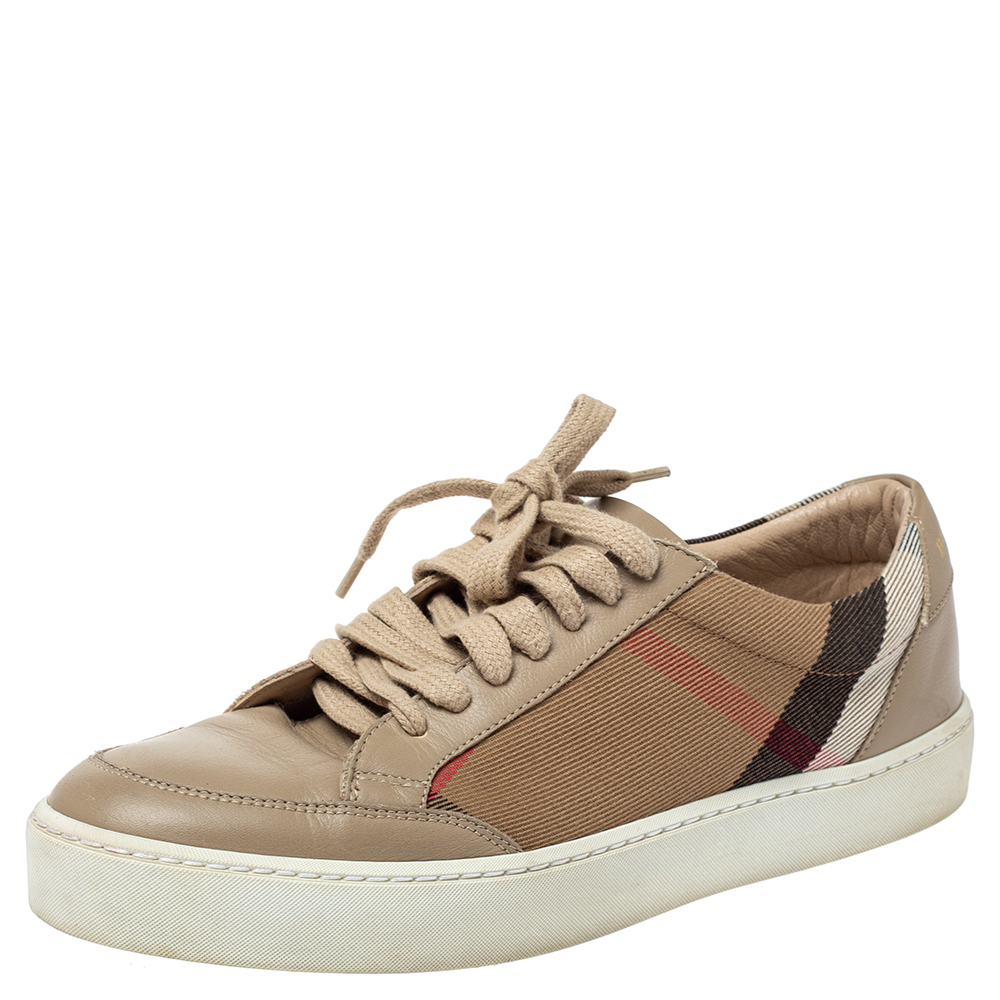 Image of Burberry Beige Leather and Nova Check Canvas Low Top Sneakers Size