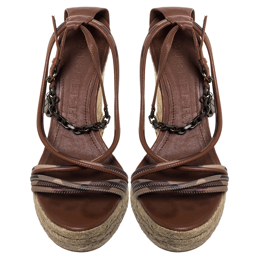 Burberry Brown Leather Cross Strap Espadrille Wedge Sandals Size 39