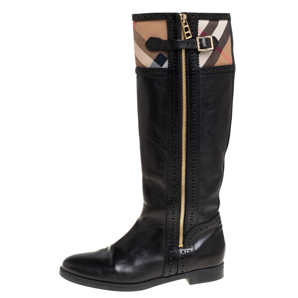 Burberry Black Leather and Nova Check Canvas Bridle Brogue Knee High Boots Size
Burberry Black Leather and Nova Check Canvas Bridle Brogue Knee High Boots Size