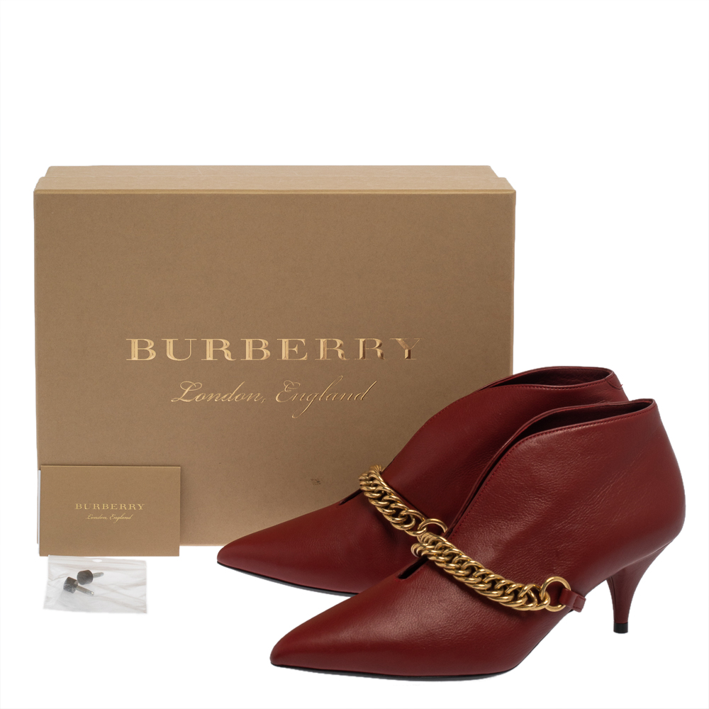 Burberry Burgundy Leather Bronwen Chain Embellished Pointed Toe Ankle Booties Size 37