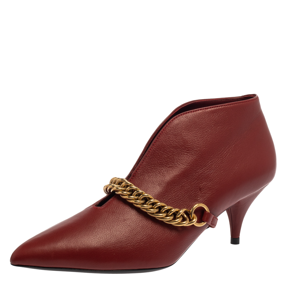 Burberry burgundy leather bronwen chain embellished pointed toe ankle booties size 37