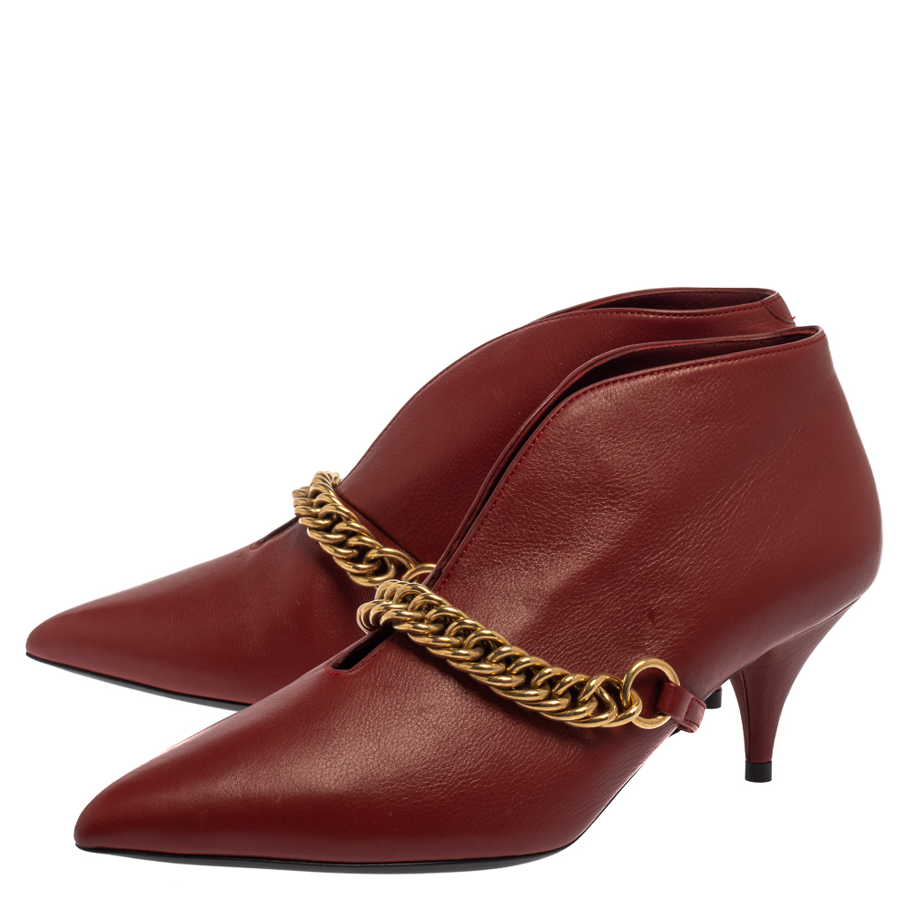 Burberry Burgundy Leather Bronwen Chain Embellished Pointed Toe Ankle Booties Size 37