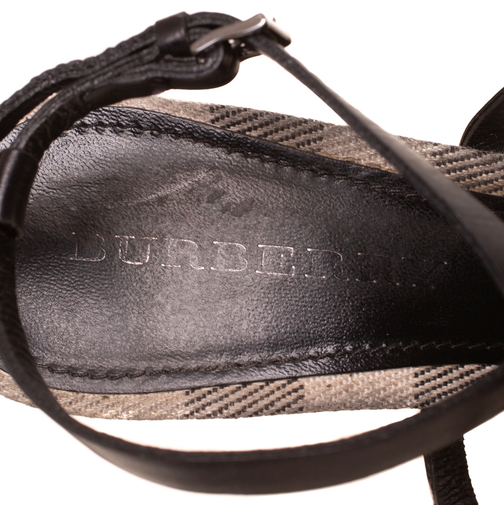 Burberry Black Leather Strappy Slingback Wedge Sandals Size 40