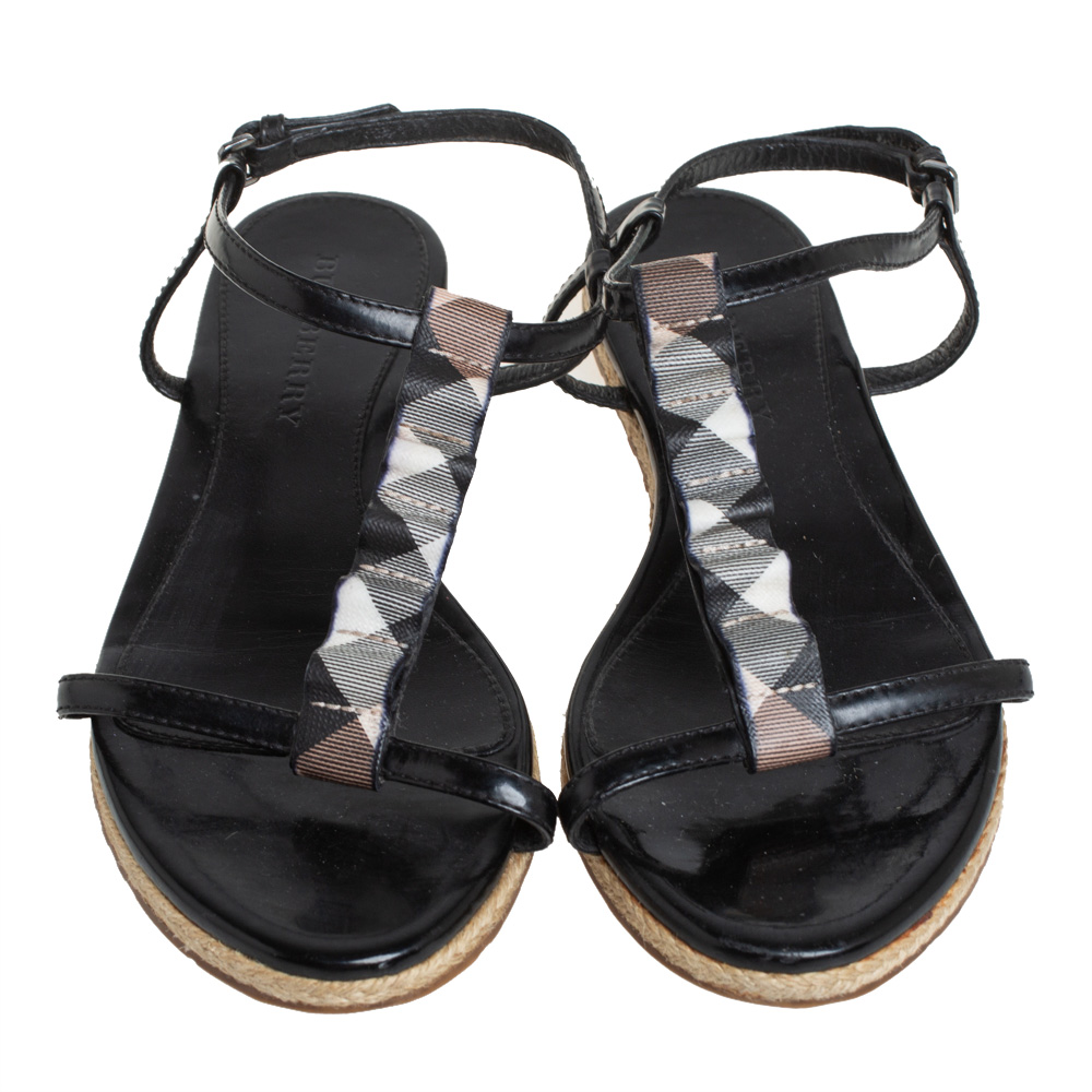 Burberry Black Leather Westerdale T Strap Espadrille Flat Sandals Size 40