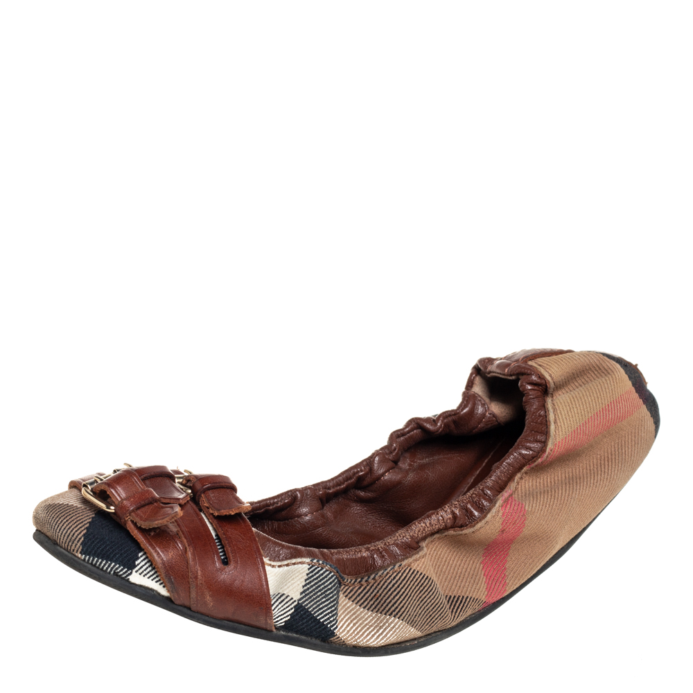 Burberry Brown House Check Canvas and Leather Falcony Scrunch Ballet Flats Size 36