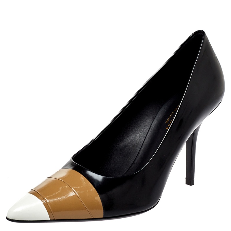 Burberry Black/Brown Leather and Patent Leather Pointed Toe Annalise Pumps Size 39.5