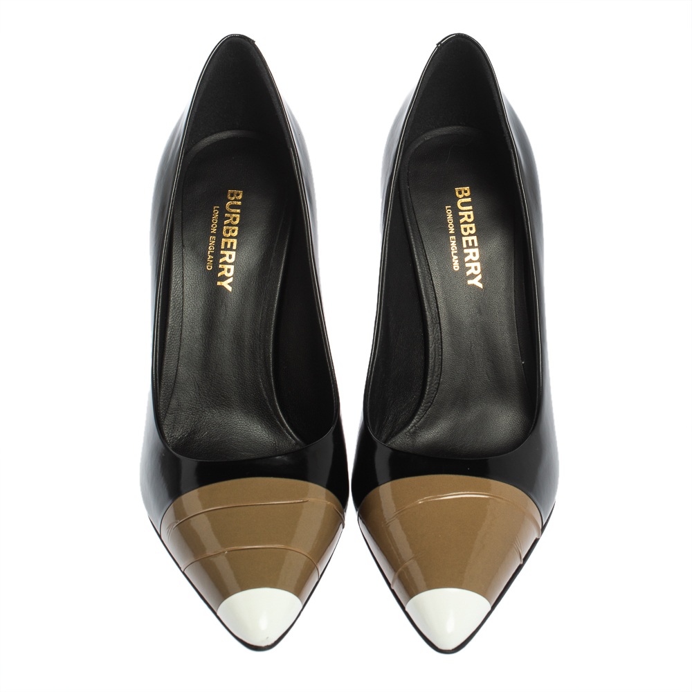 Burberry Black/Brown Leather And Patent Leather Pointed Toe Annalise Pumps Size 37