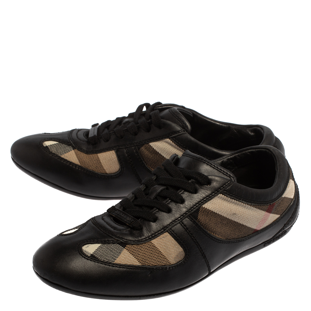 Burberry Black Leather And Check Canvas Low Top Sneakers Size 37