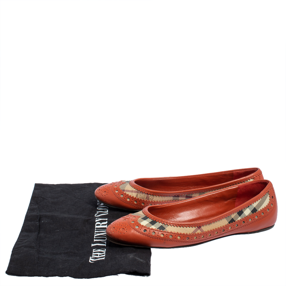 Burberry Orange Brogue Leather And Haymarket Check Canvas Tudor Ballet Flats Size 36