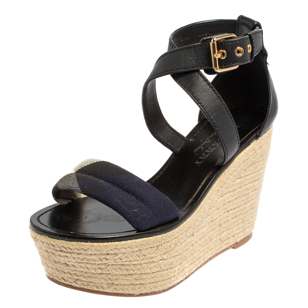 Burberry Black Leather And Nova Check Canvas Espadrille Wedge Sandals Size 37.5
