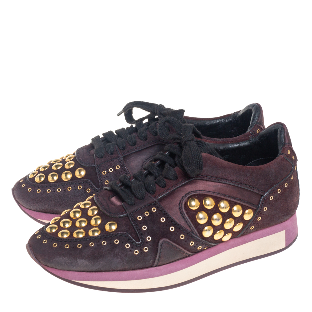 Burberry Burgundy Suede And Satin Studded Low Top Sneakers Size 38