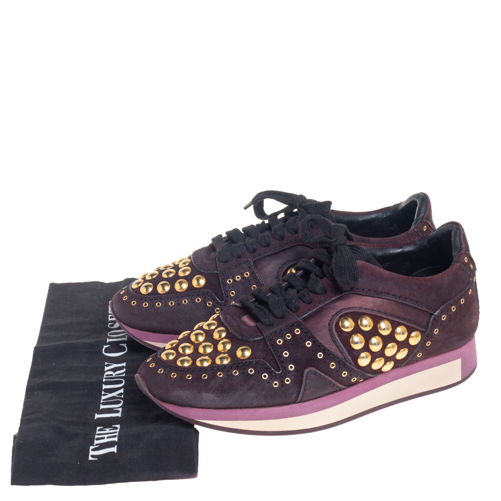 Burberry Burgundy Suede And Satin Studded Low Top Sneakers Size 38