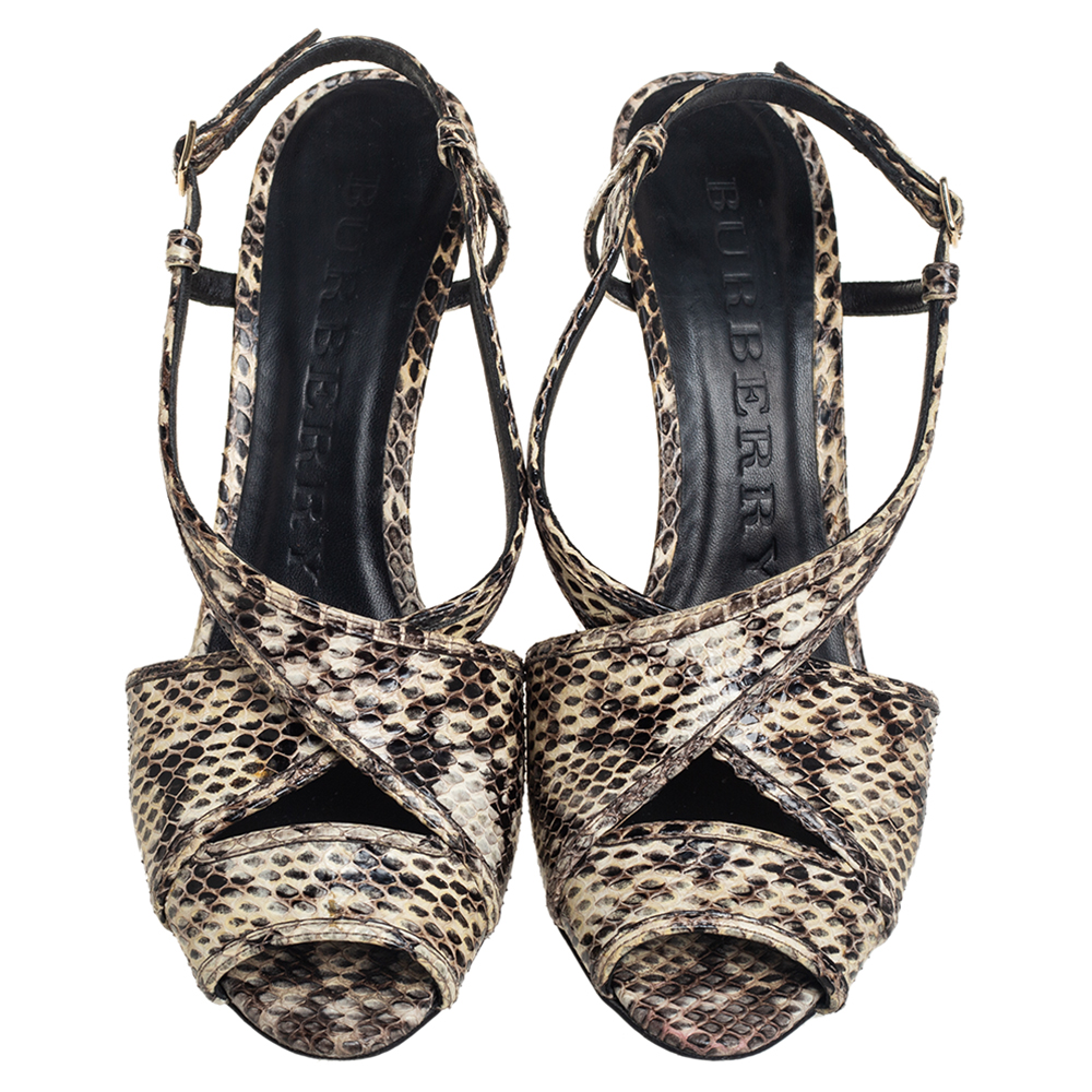 Burberry Beige/Brown Embossed Python Leather Criss Cross Slingback Sandals Size 39