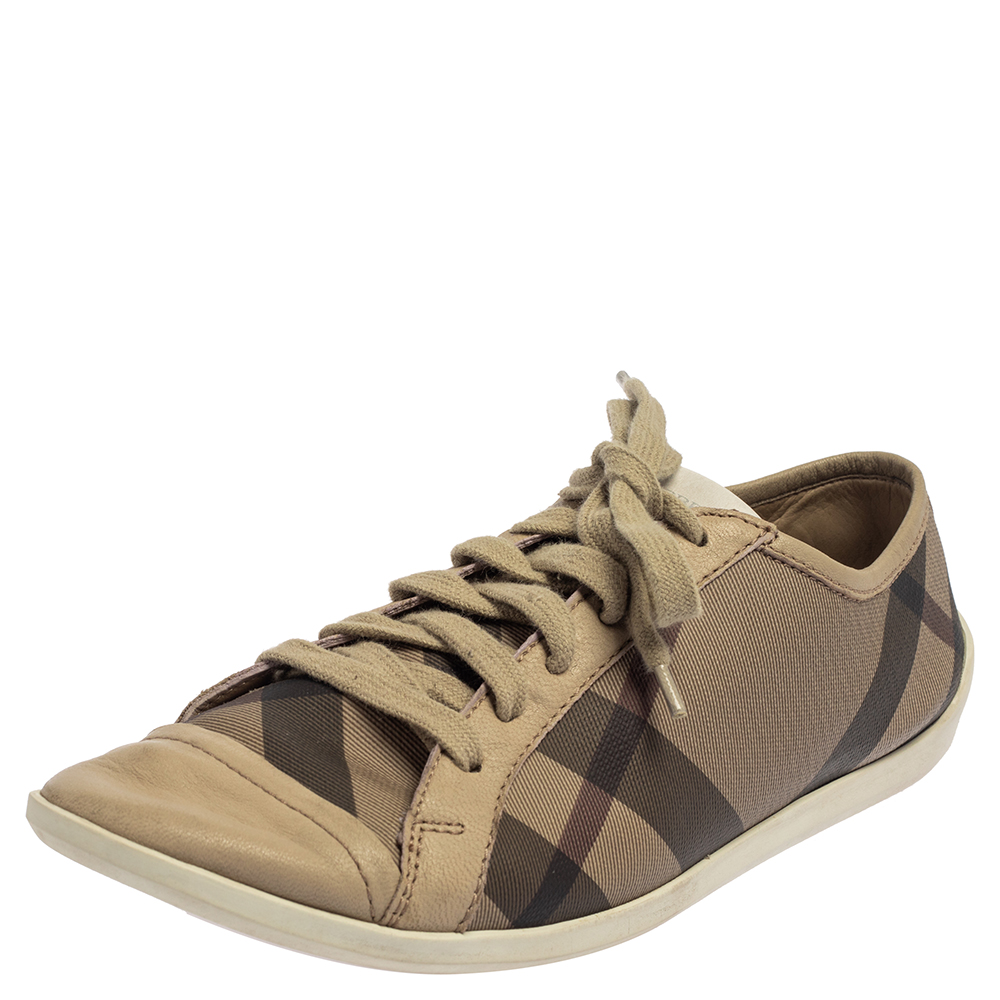 Burberry Beige/Grey Novacheck Canvas And Leather Cap Toe Low Top Sneakers Size 37