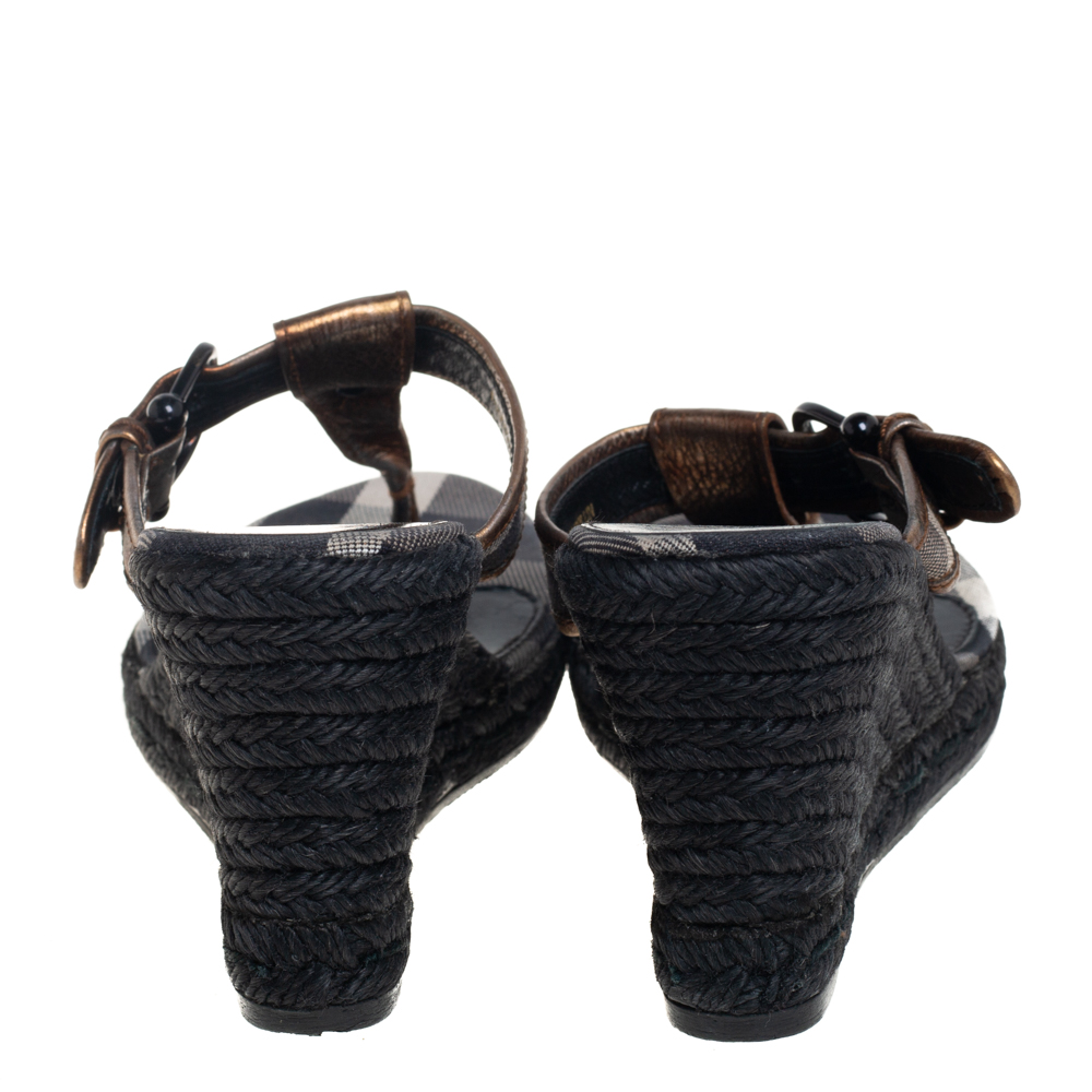 Burberry Metallic Bronze Leather Wedge Espadrille Thong Slide Sandals Size 39