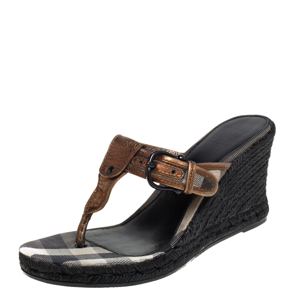 Burberry Metallic Bronze Leather Wedge Espadrille Thong Slide Sandals Size 39