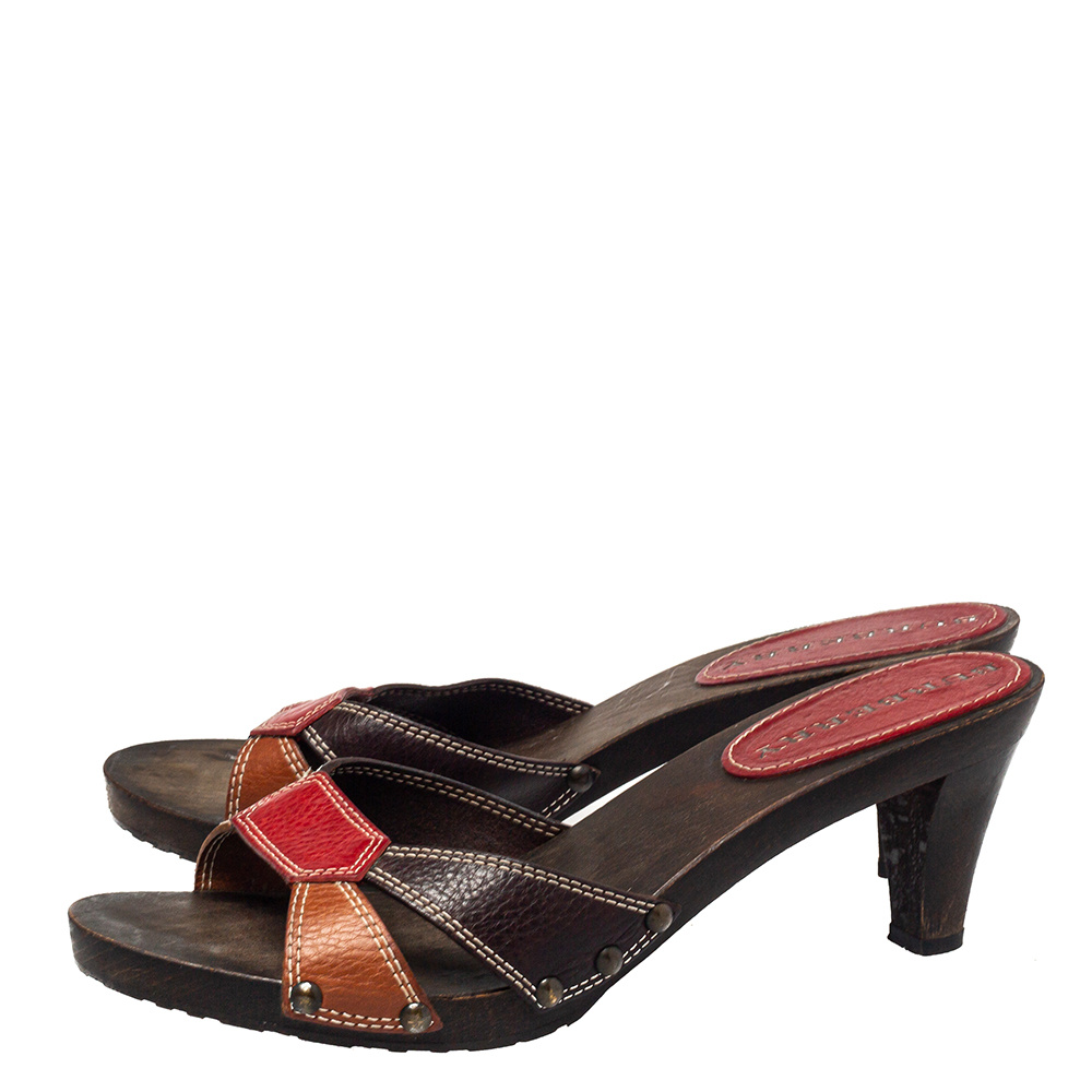 Burberry Vintage Multicolor Leather Wooden Clogs Sandals Size 40