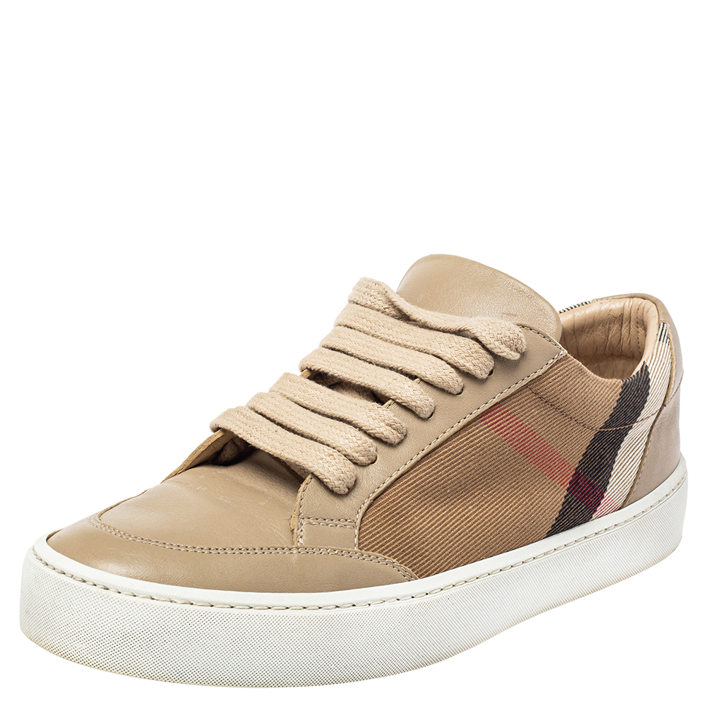 Burberry Beige Leather And Nova Check Canvas Low Top Sneakers Size 35