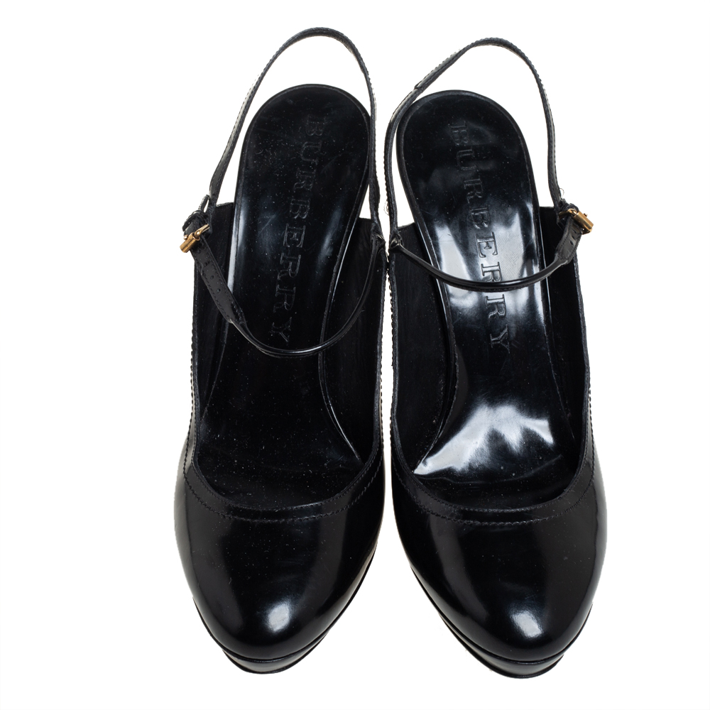 Burberry Black Patent Leather Slingback Platform Sandals Size 40
