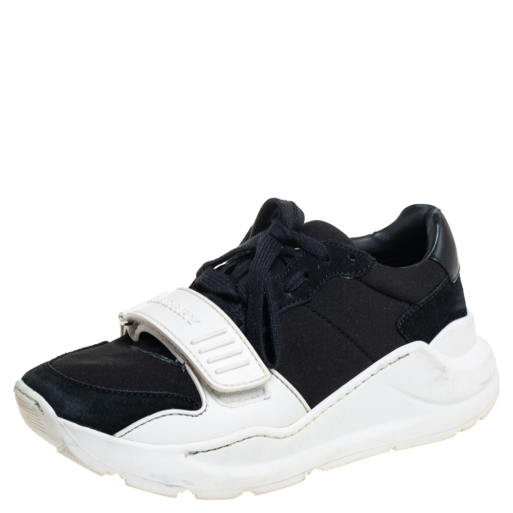Burberry black neoprene and suede regis low top sneakers size 36