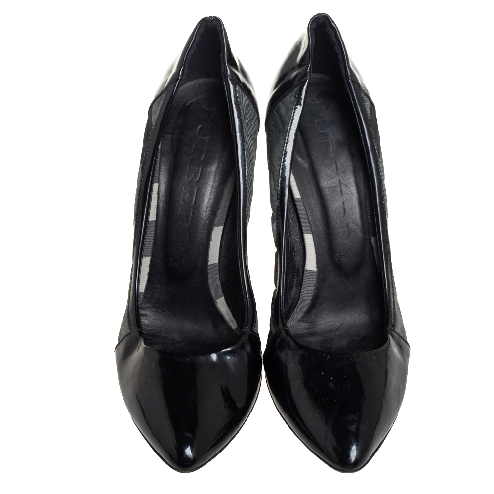 Burberry Black Nova Check Canvas And Patent Leather Pointed Toe Pumps Size 39