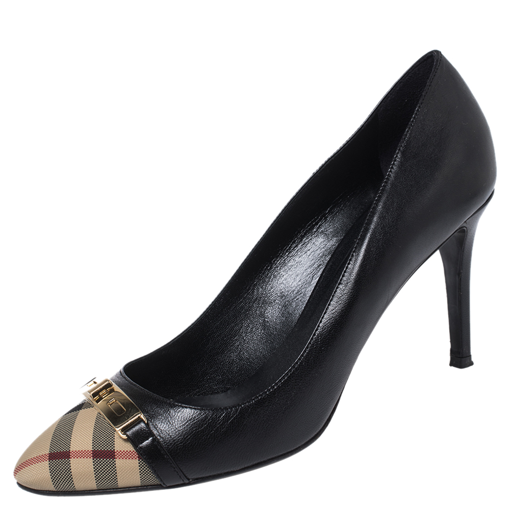 Burberry Black Nova Check Canvas and Leather Buckle Pumps Size 40