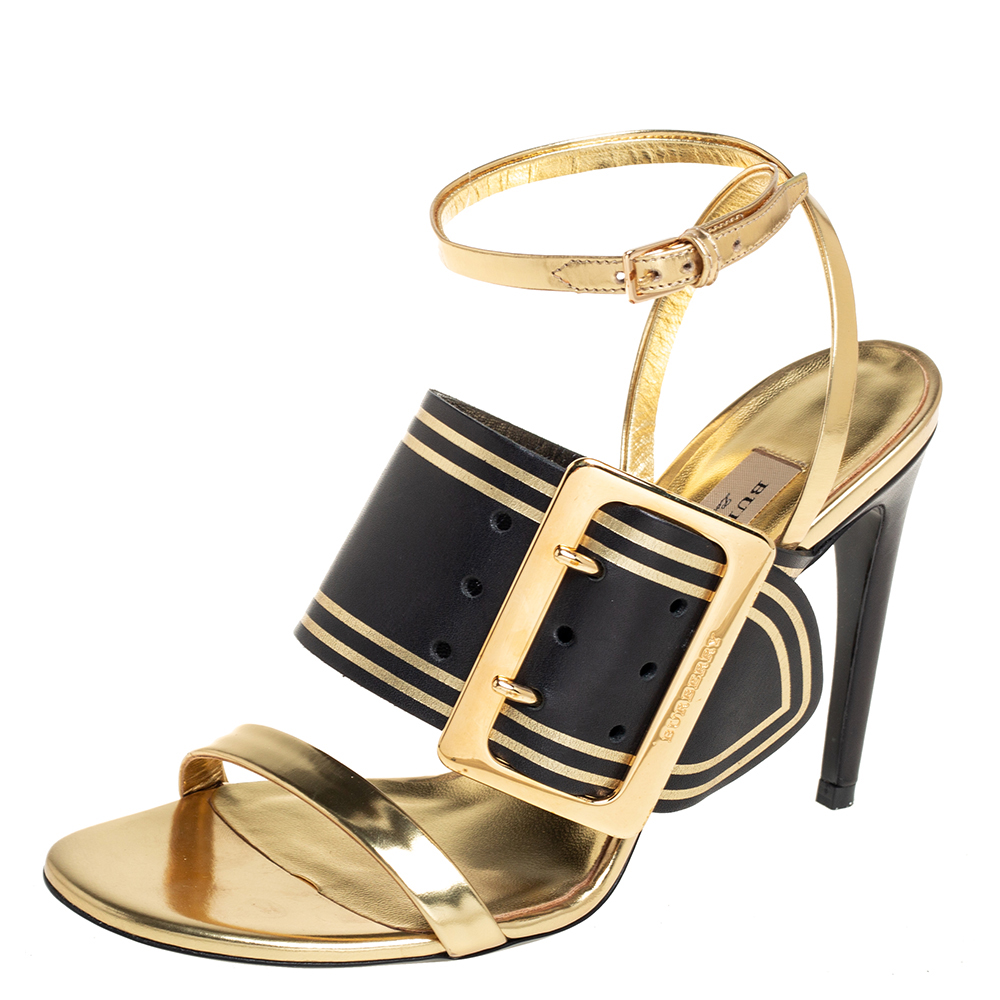 Burberry Black/Gold Leather Buckle Padstow Festive Ankle Strap Sandals Size 37