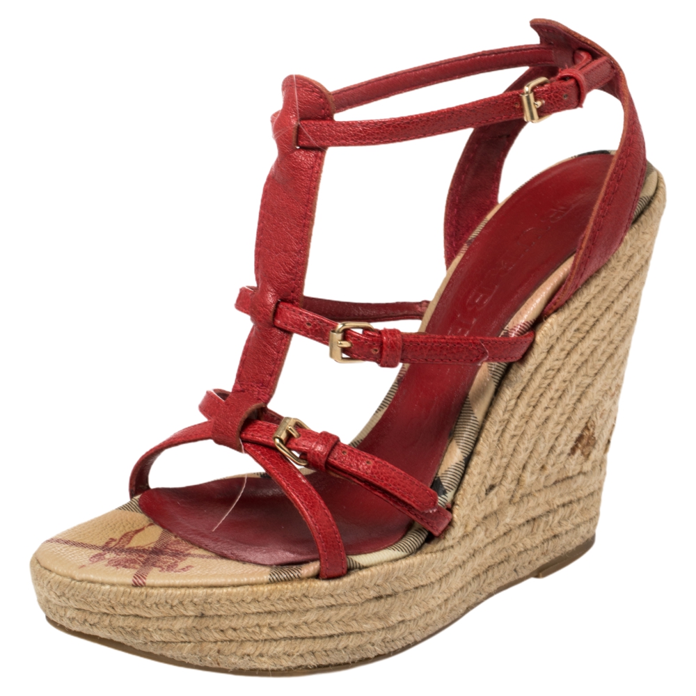 Burberry Red Leather Espadrille Wedge Ankle Strap Sandals Size 37