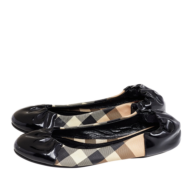 Burberry Black Patent Leather And Nova Check Coated Canvas Scrunch Ballet Flats Size 36