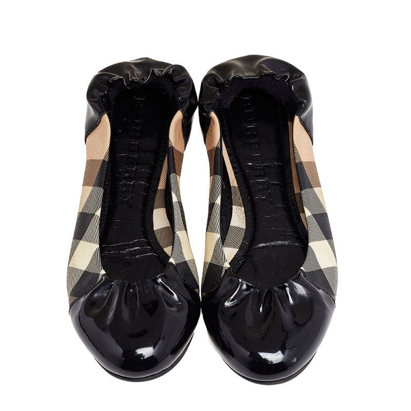 Burberry Black Patent Leather And Nova Check Coated Canvas Scrunch Ballet Flats Size 36