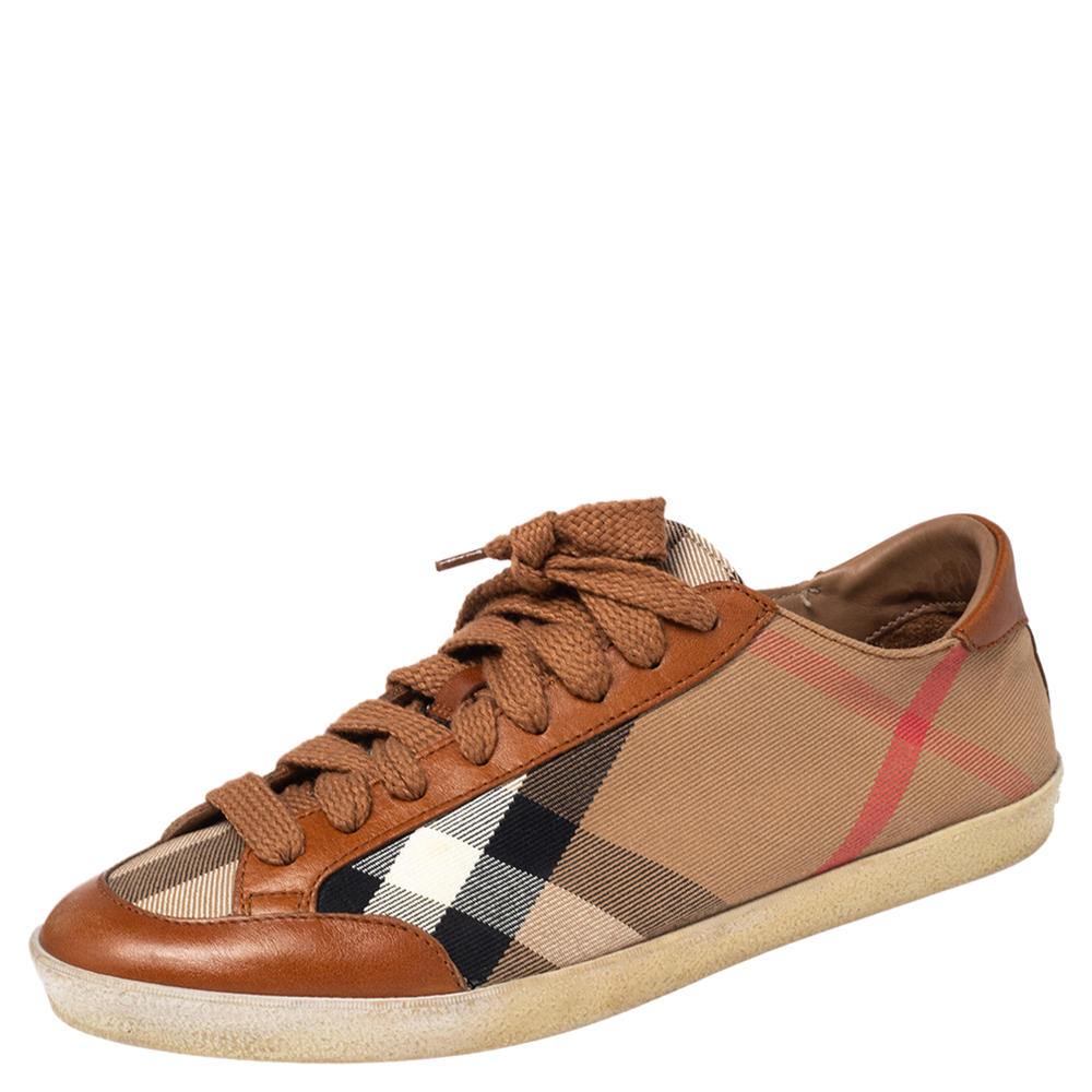 Burberry Brown Nova Check Canvas And Leather Low Top Sneakers Size 39