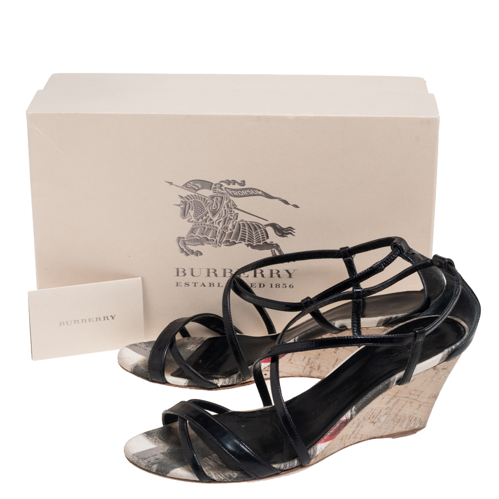 Burberry Black Patent Leather Criss Cross Open Toe Cork Wedge Sandals Size 38