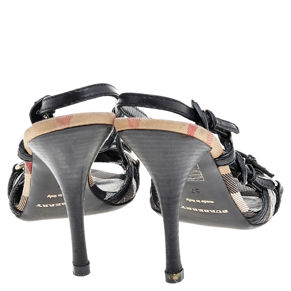 Burberry Black/Beige Novacheck Canvas And Leather Slingback Sandals Size 37