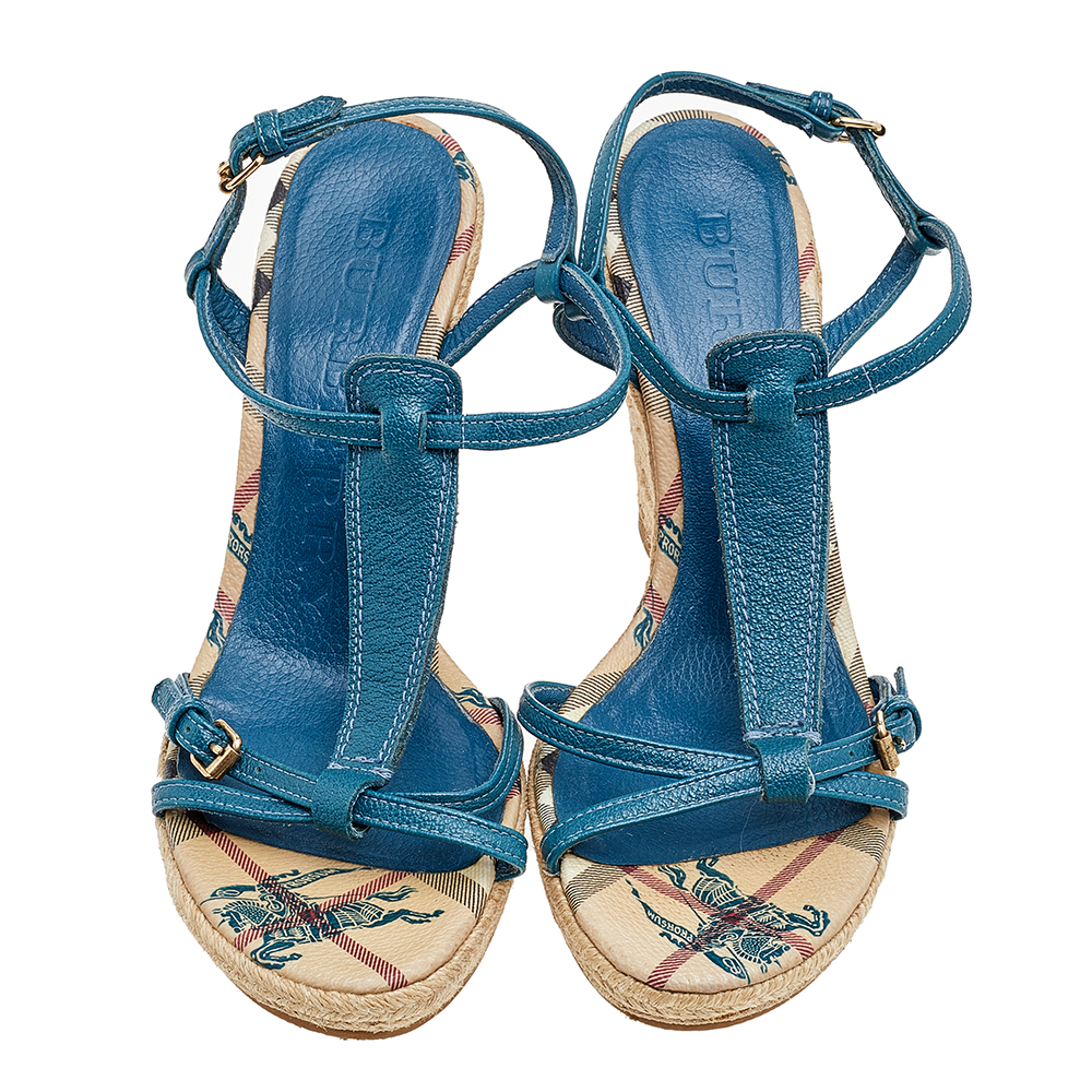 Burberry Blue Leather Strappy Espadrille Platform Wedge Sandals Size 37