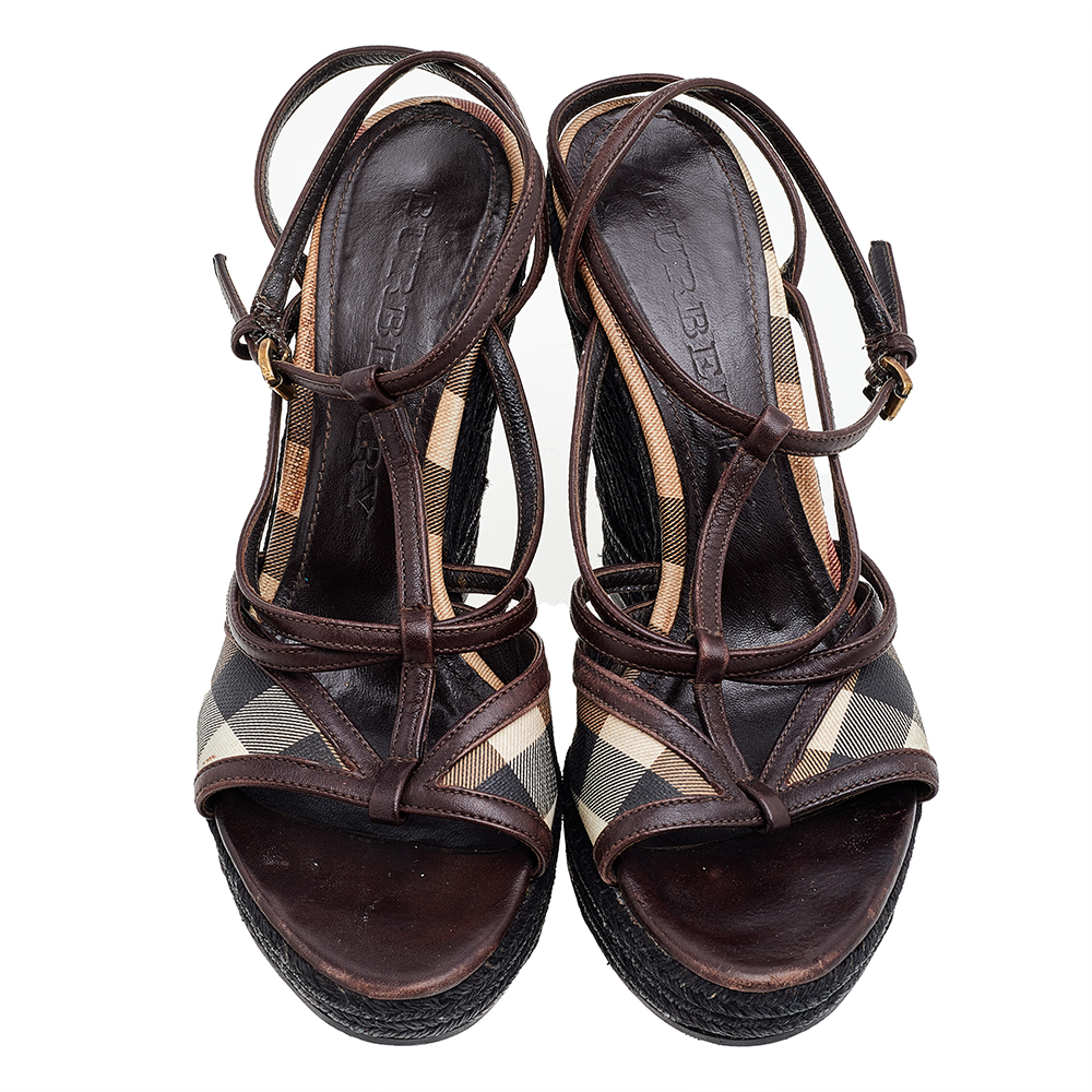 Burberry Brown Canvas And Leather Wedge Sandals Size 39