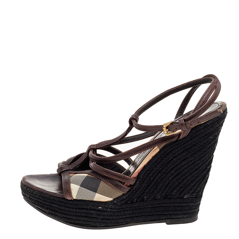 Burberry Brown Canvas And Leather Wedge Sandals Size 39