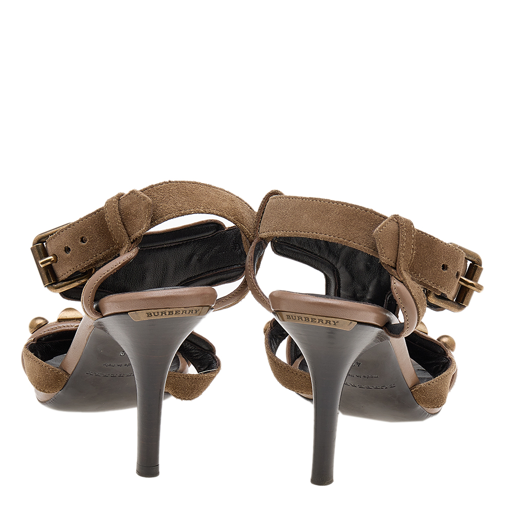 Burberry Brown Suede And Leather Embellished Ankle Strap Sandals Size 40