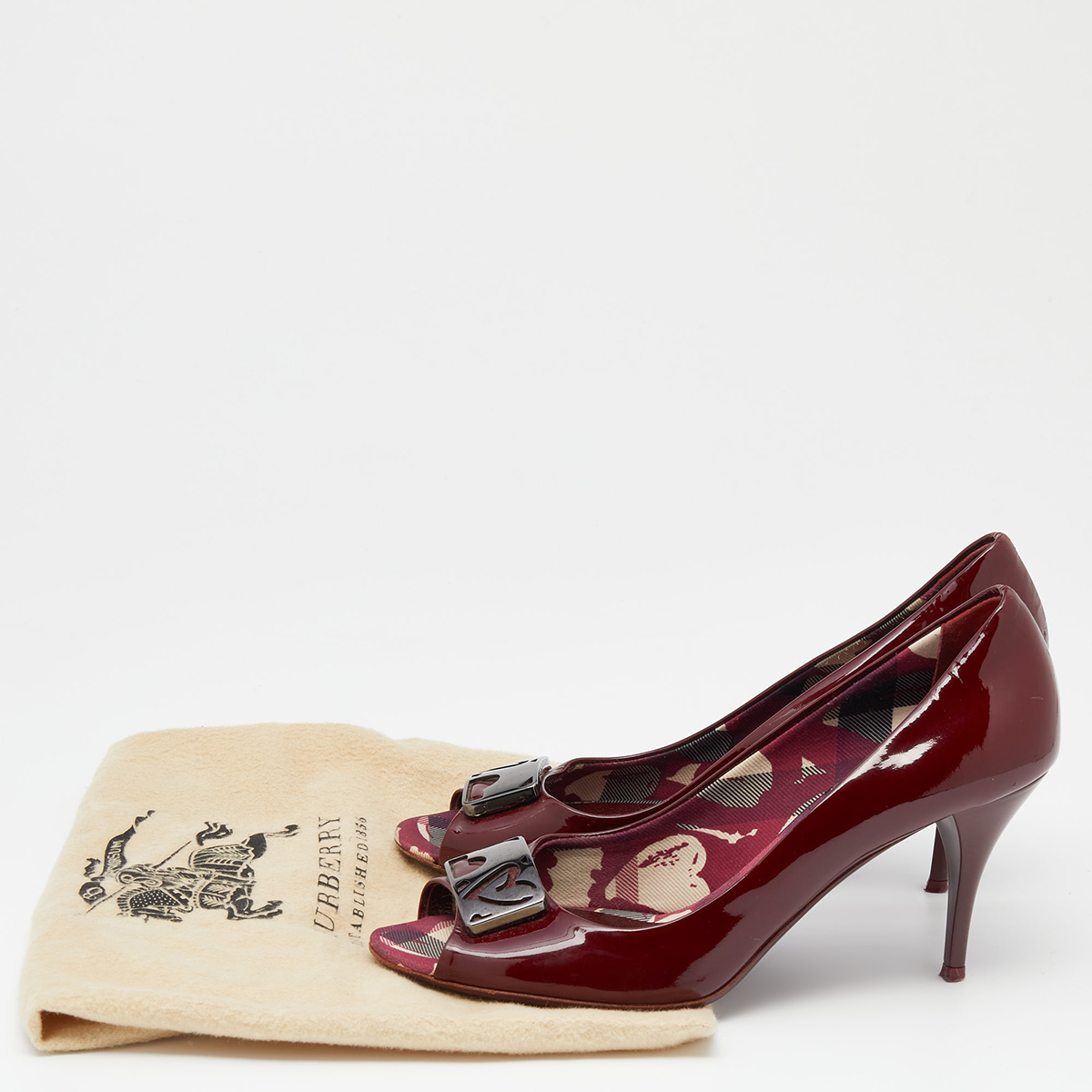 Burberry Burgundy Patent Leather Peep Toe Pumps Size 38
