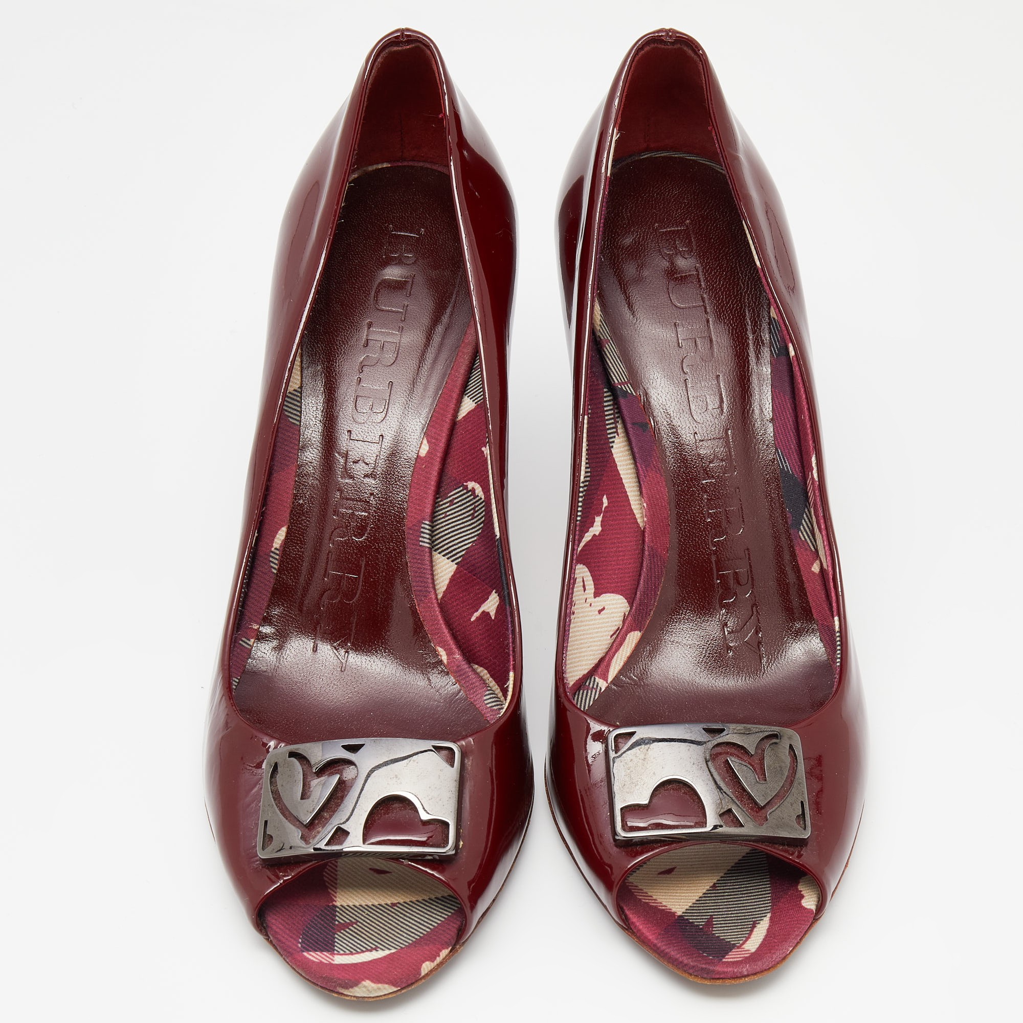 Burberry Burgundy Patent Leather Peep Toe Pumps Size 38