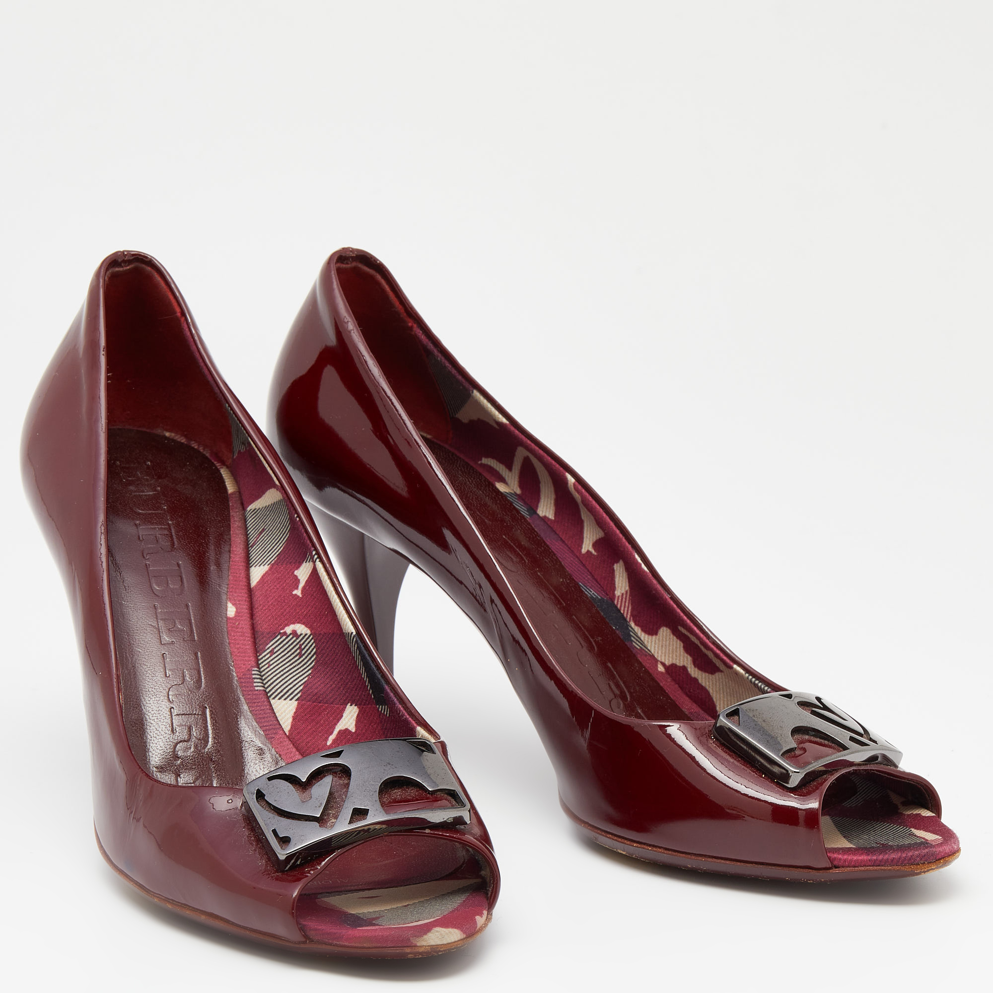 Burberry Burgundy Patent Leather Peep Toe Pumps Size 38