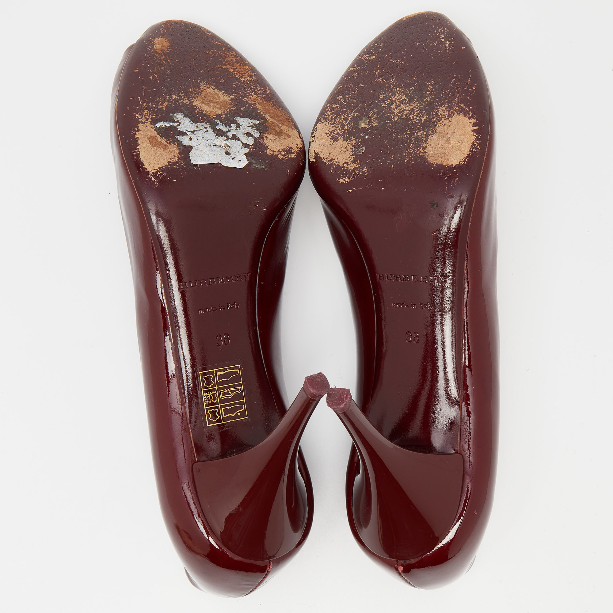 Burberry Burgundy Patent Leather Peep Toe Pumps Size 38