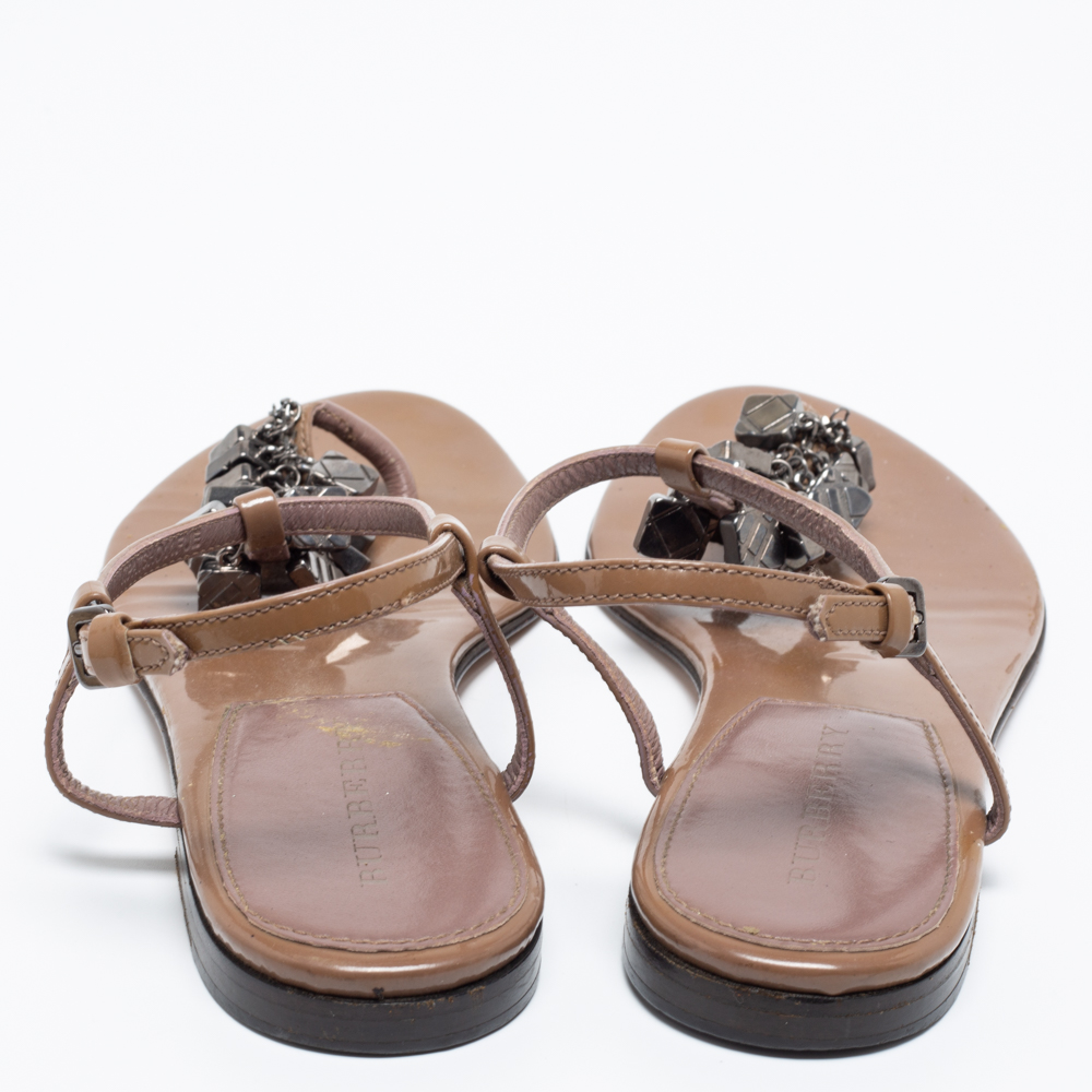 Burberry Brown Patent Leather Embellished  Thong Flats Size 38