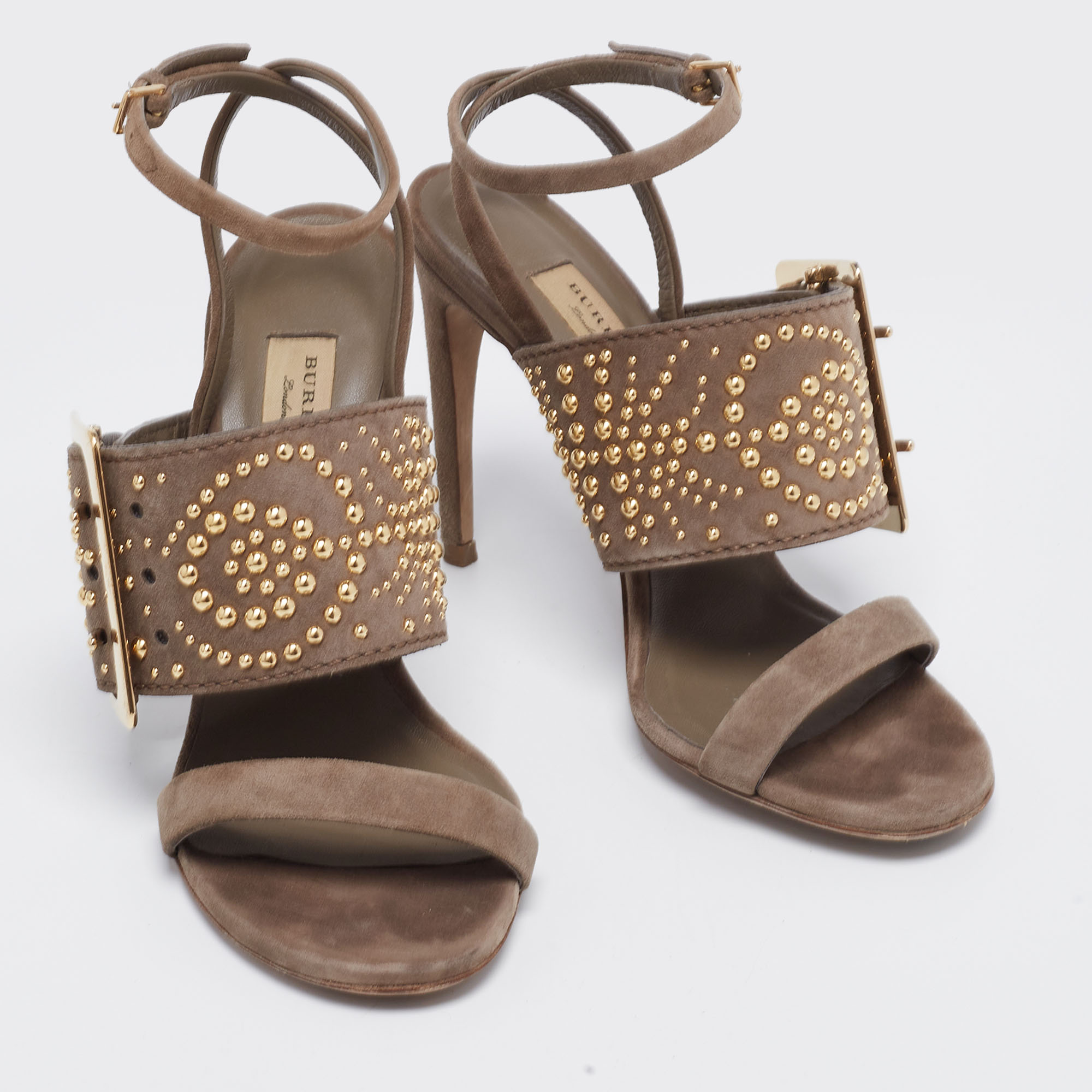 Burberry Grey Suede Studded Padstow Ankle-Wrap Sandals Size 37