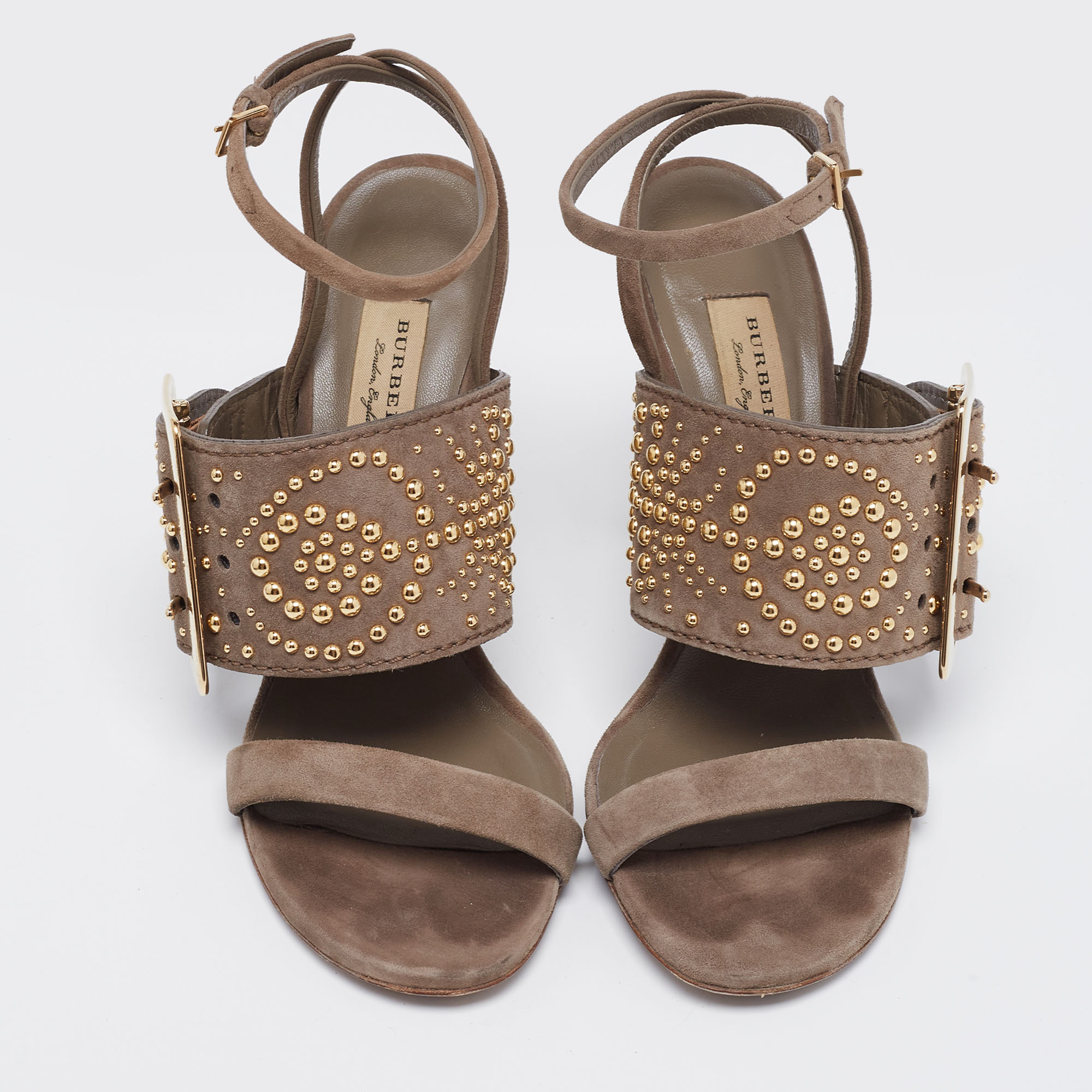 Burberry Grey Suede Studded Padstow Ankle-Wrap Sandals Size 37