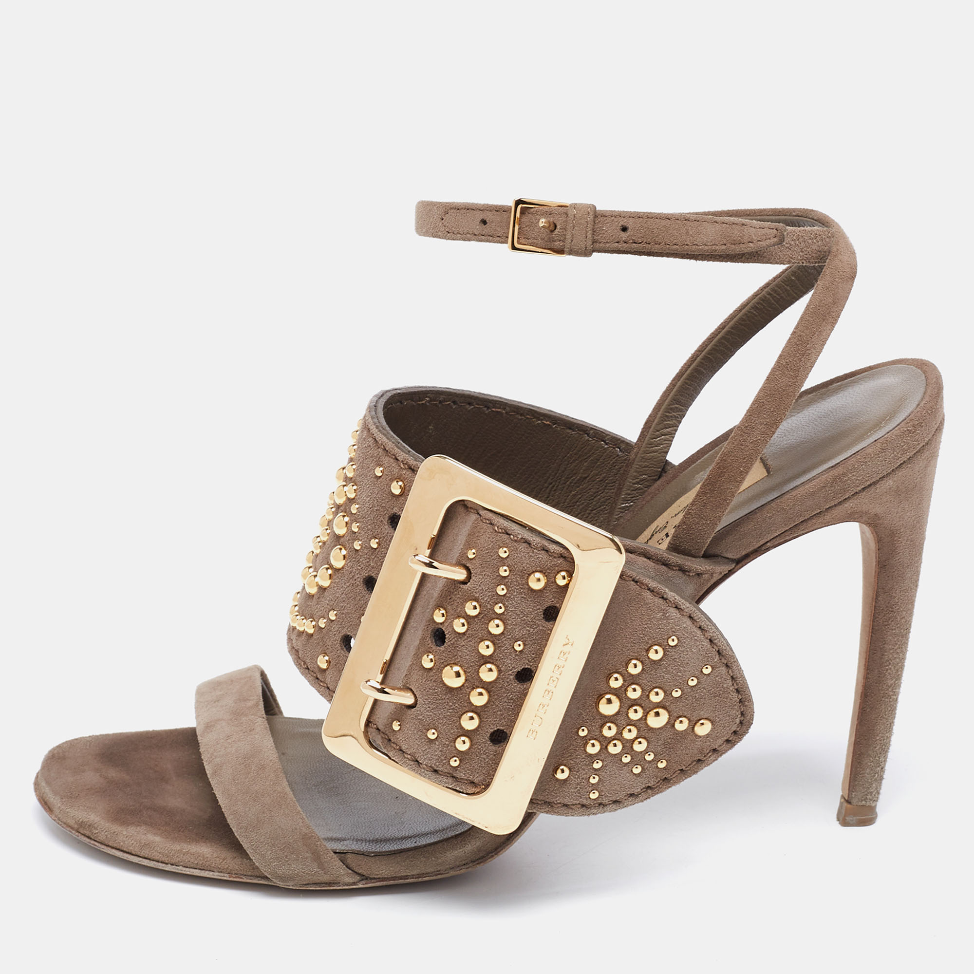 Burberry Grey Suede Studded Padstow Ankle-Wrap Sandals Size 37
