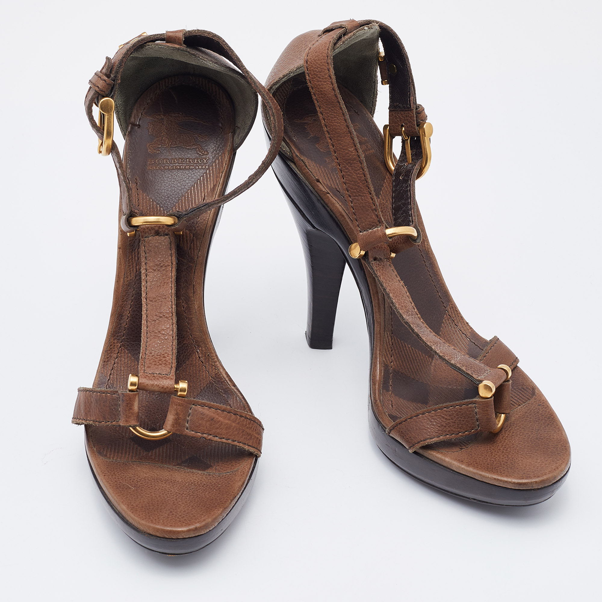 Burberry Brown Leather Ankle Strap Platform Sandals Size 37