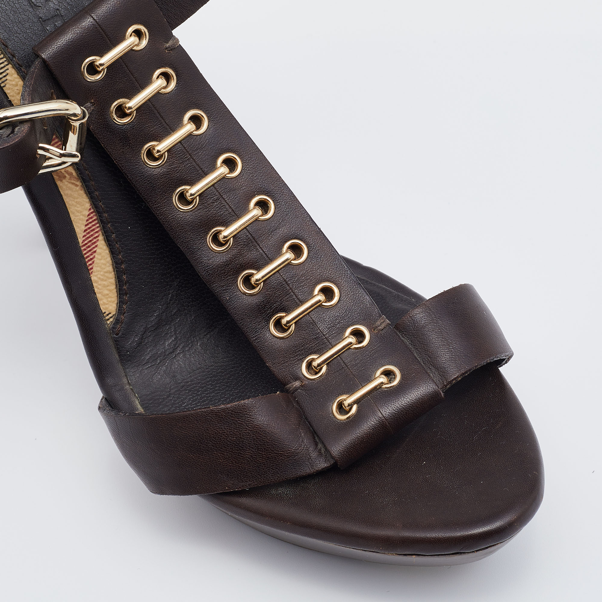 Burberry Dark Brown Leather T-Strap Platform Sandals Size 37.5